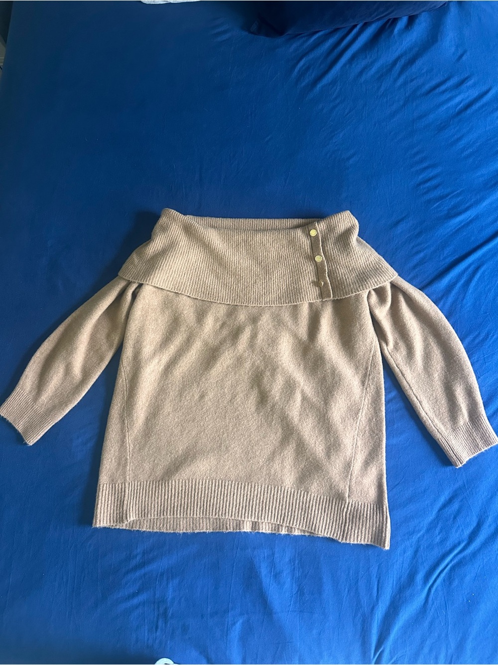 Express Beige Off-the-Shoulder Sweater with Button Accent